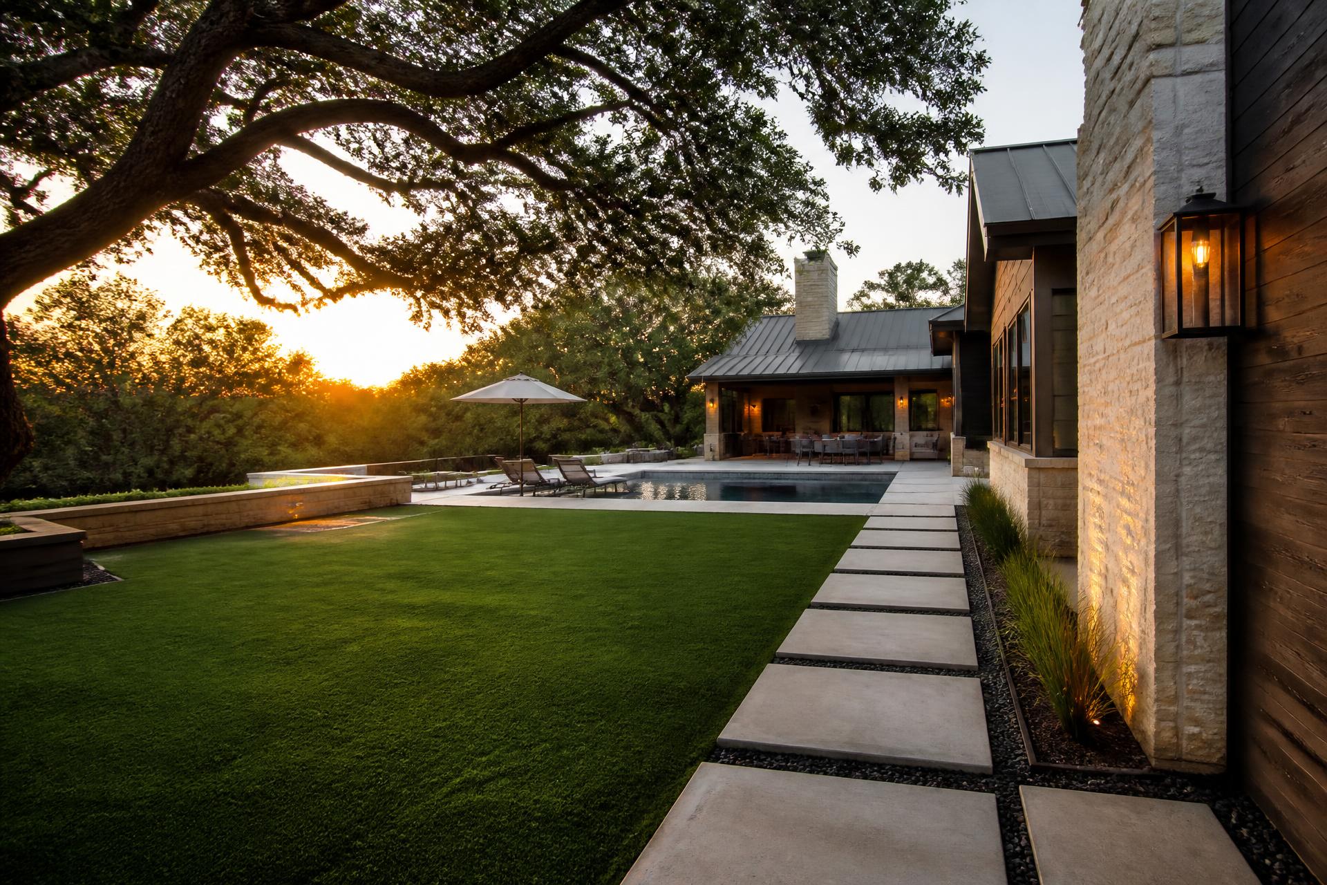 Manicured artificial turf lawn behind a modern Texas home at golden hour