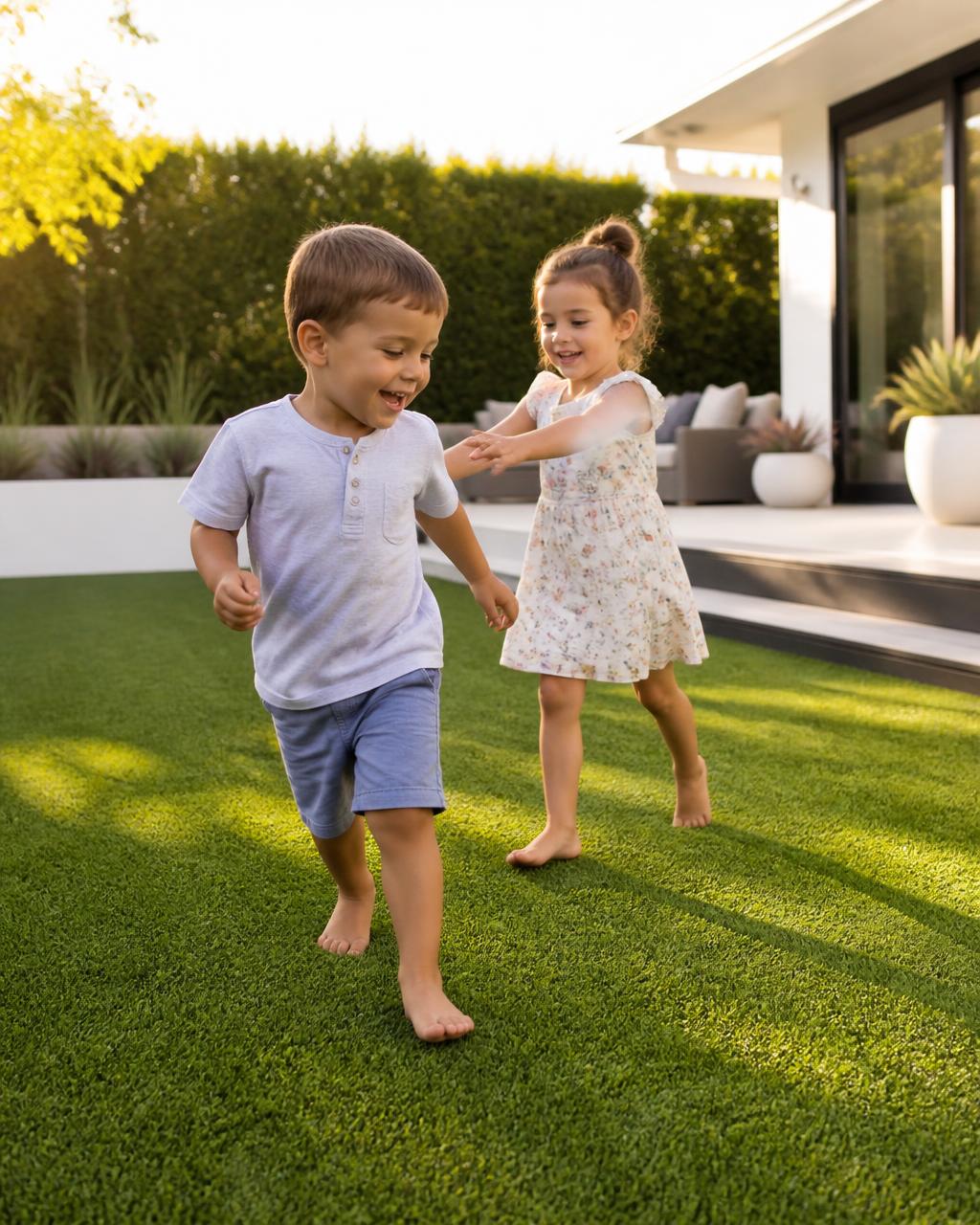 Two children playing barefoot on a soft artificial turf lawn